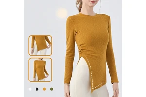 Hot Sale Side Opening Wrinkled Outdoor Long Sleeve Sportswear Top Breathable Fitness Gym Round Neck Yoga Top for Women
