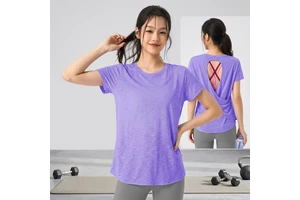 Women's Cross Back Cutout Yoga T-shirt Round Neck Short Sleeve Athletic Top Quick Dry Thin Fabric Workout Pilates Shirts OEM ODM