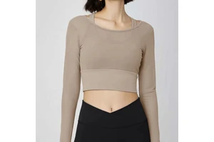 Womens Quick Dry Slim Yoga Tank Tops Built-In Bras Mesh Long Sleeve Cross Back Breathable Sports Bra