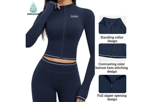 Women's Mock Neck Long Sleeve Workout Top, Breathable Cropped Yoga Shirt with Contrast Trim for Gym