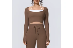 New Cross-border Nude Double Two Solid Color Long-sleeved T-shirt Top Tight Sports Running Fitness Yoga Clothes