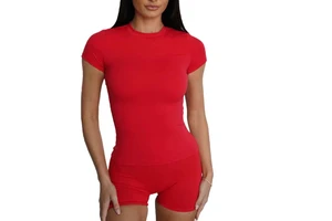 Women Tee Hold Tight Short-Sleeve Top Round Neck Breathable 3D Print Nylon Young Girls Thread Yoga Sports Tops T Shirts