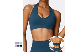 Wholesale Workout Active Wear Crop Top Mujer Sexy Back Activewear Custom Logo Gym Fitness Backless Halter Sports Bra For Women