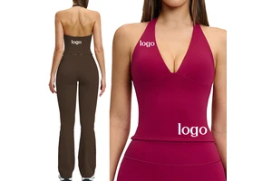 Women's Sleeveless Backless Deep V Neck Built-in Bra Yoga Sports Crop Top Padded Elastic Breathable Workout Gym Halter Tank Top