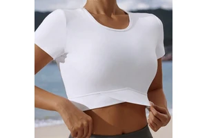 Yimo Lady Fitness Workout Top New Round Neck Solid Color Yoga Shirt Breathable for Outdoor Running Fashionable for Women