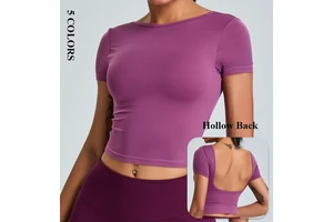 High Quality Women's Nylon/Spandex Hollow Back Breathable Quick Dry Lightweight Seamless Nude Yoga Crop Top Sports Fitness Tight