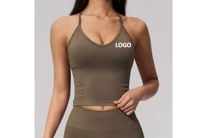 T Back Adjustable Strap Seamless Yoga Tank Top Women Longline V Neck Built in Padded Sports Bra Slim Fit Workout Cropped Top