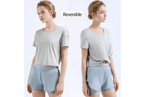 New Design Ladies Short Sleeve T Shirt Irregular Hem Reversible Sports T-shirt Women Loose V-neck Yoga T-shirt for Workout