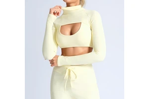 Spring Summer Hollowed-out Long-sleeved Fitness Wear for Women Quick-drying Casual Sports Bra Gym Crop Tops 2 Pieces Yoga Wear