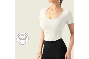 Skin Tight Womens Hollow Beautiful Back Leisure Sports Short Sleeves Short Yoga T-shirt With Chest Pad