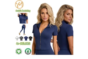 YIMO Peach Gold Zipper Yoga Coat Short-sleeved Slim-fit Sweat-Wicking Spandex/Polyester Running Tight Top for Women