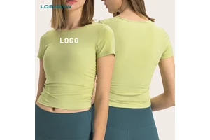 LORISOW Customization logo Female Activewear Fashion Running Sports Gym Shirts Women Ribbed Short Sleeve Round Neck Yoga Top