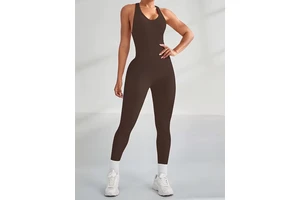 Women's Solid Ribbed Seamless Yoga Jumpsuit | Deep Brown Tank Top Active Bodysuit | Breathable Eco-Friendly Polyester Spandex