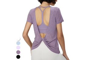 Wholesale Womens Clothing Breathable Cross Backless Fitness Tshirt Loose Casual Short Sleeve Yoga Smock Top Women Sports T Shirt