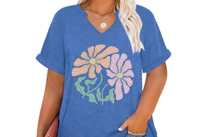Women's Casual Spandex/Cotton Canvas Plus Size V-Neck Half Sleeve Eco-Friendly Quick Dry Breathable T-Shirt Digital Printing