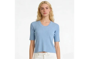 Low Moq Custom Women Knit Top Short Sleeve Crew Neck Knit T-shirt Solid Color Slim Rib Women's Knit Top Wholesale