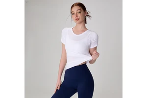 New Seamless Slim Fit Yoga Top for Women Slim Breathable Running Sports Fitness Short Sleeve Waist Closed Round Neck Yoga Wear