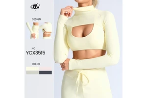 Wholesale fashionable hollow cut high neck fitness top long sleeve sexy gym t shirt for ladies sports outfit