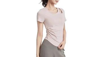 Slimming Ruched Tight-Fitting Yoga Wear Women's One-Piece Cup Bra-Padded Sports Fitness Top Short Sleeve Summer Polyester
