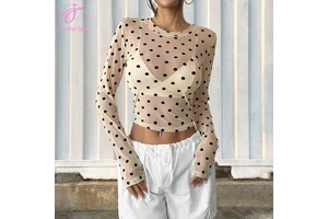 Loveda Wholesale Women Summer Semi-transparent Clothes Polka Dot Slim Mesh Round Neck Long Sleeves Top