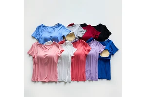 Custom Logo Soft 90% Modal Summer Skin Friendly Short Sleeve Shirts for Women Yoga Pilates Built in Bra Active Top Plus Size