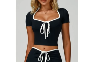 Contrast Color Hemming Yoga Clothes Women V-Neck Quick-Drying T-Shirt Yoga Tops Outdoor Running Fitness Sports for Women