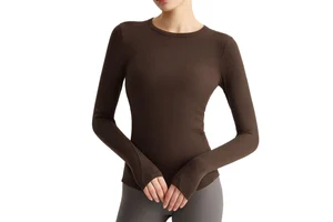 New Solid Color Crew Neck Breathable Compression Shirt Sports Wear Brushed Tight Four-Way Stretch Quick Dry Long Sleeve Yoga