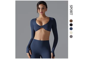 Sexy Chest Long-sleeved Yoga Bra Quick-dry Tight Spandex/Nylon Solid Sports T-shirt Casual Top