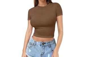 Women's Summer Crop Top Short Sleeved Basic Style Slim and Fashionable with Round Neck Exposed T-Shirts