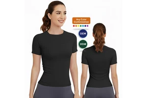 Custom Breathable Spandex Front Logo Simple Fashion Short Sleeve Top for Women's Fitness Yoga Gym Workout