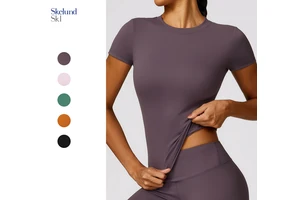 Skelund Women Custom Logo GYM Tops Short Sleeve Tight Breathless Quick Dry Running Sports T Shirts Crew Neck Yoga Workout Tees