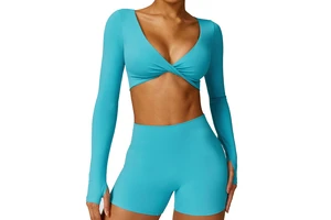 Women Sexy Deep V Neck Sports Bra High Impact Sports Yoga Long Sleeve Crop tank Women Running Fitness Yoga Wear Top