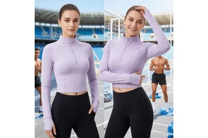 Women's High-Neck Long Sleeve Activewear Top Half-Zip, Cropped Cut, Slim Fit ,Quick-Dry Breathable Yoga & Gym Wear,Tennis