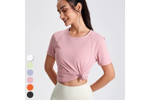 Women's Custom Logo Yoga Clothing Eco-Friendly Breathable Casual Loose Sports Top Short Sleeve Fitness Tshirt Mesh Patchwork