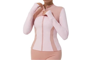 Women Color Blocking Gym Yoga Sport Jacket Long Sleeve Stand Collar Zipper Front Logo Quick Dry with Thumbhole