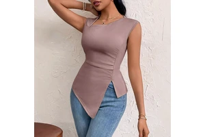 New Women's Elegant Style T-shirt Slant Collar Slim-fit Short Solid Color Irregular Women's Top with Slant Neck Sleeveless