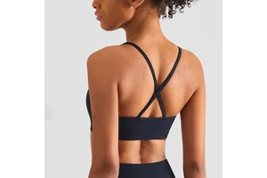 Drop Ship Custom logo Running Fitness Workout Medium Impact Sling V Neck Women Cross Back Crop Top Yoga Ribbed Sports Bra