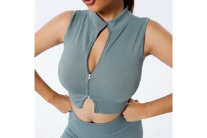 Women's Yoga Top Seamless High Elastic Ribbed Yoga Top Double Zipper Design Striped Yoga Sports Top Women's Sports Top