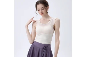 2024 New Factory Wholesale Summer Custom Women's Fitness Gauze Yoga Short Sleeve Top Built-in Bra