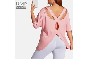 POVTY Custom Logo Women's Plus Size Cut Sexy Cross Back Sports T Shirts Short Sleeve Crew Neck Athletic Workout Yoga Tops Summer
