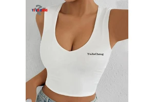 Summer Ladies Embroidered Deep U Neck Crop Top Tee Custom Clothing Manufacturers Fitness Workout Gym Sports Yoga Tank Top Women