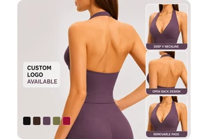 Custom Logo Womens Halter V Neck Yoga Tank Top Built in Pads Open Back Workout Gym Vest OEM Wholesale Factory