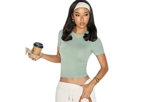 [Sample Style] Women's European American Cross-Border Seamless Spandex/Nylon Short-Sleeve Yoga Wear High-Elastic Sports Top