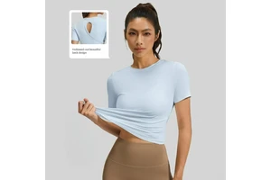 Wholesale Quick Dry Breathable Crew Neck Solid Back Hollow Out Cross short sleeve shirt tshirt women yoga top