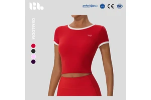 Girls Cross-border White Edge Color Blocking Neck Yoga Short-sleeved Slim-fit Pilates Fitness Sports Quick-drying Spandex/Nylon