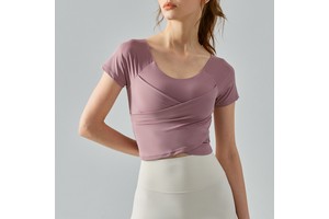 Women's Short Sleeve Yoga Top with Built-in Bra Cross Wrap Crop Top Quick Dry Breathable Sports T-Shirt for Workout Gym