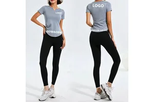 V-neck Short-sleeve for T-shirt Quick-drying Wrinkle-resistant Bare-feel Seamless Yoga Wear Pleated Waist-cinching Design