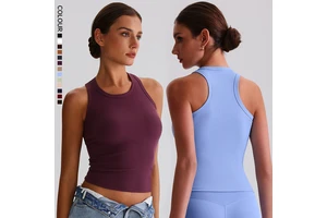 SHINBENE Women Regular Fit Crew Neck Ribbed Crop Tops Breathable Plus Size Casual Racerback Padded Gym Yoga Sleeveless Vest