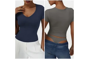 Sm2524-2 Women Short Sleeve Sports Tops V-neck Sexy Beautiful Back Fitness Clothing Quick-drying Breathable Sport Wear Women
