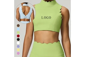 Sporty Cut-out Back Sexy Fitness Top Yoga Wear for Women with Wave Lace High Neck Yoga Vest